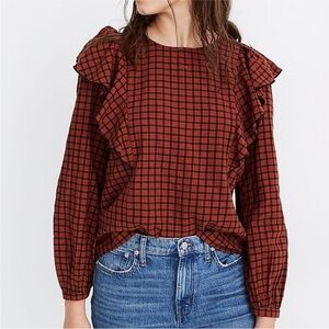 Madewell ruffle rust and black plaid top